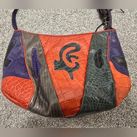 Vintage Sharif Multicolored Lizard/ Croc Patchwork Crossbody/Shoulderbag - Picture 9 of 14
